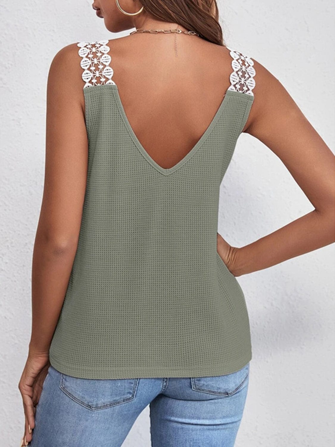 Lace Detail Waffle-Knit V-Neck Tank - Trendsi