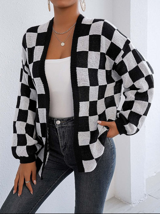 Checkered Open Front Long Sleeve Cardigan - Trendsi