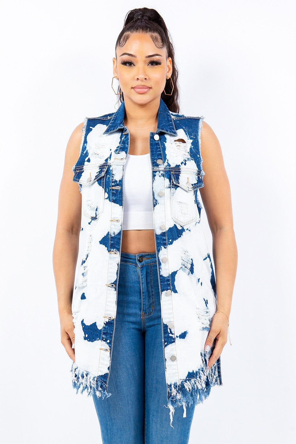 American Bazi Distressed Frayed Edge Longline Denim Vest - Trendsi