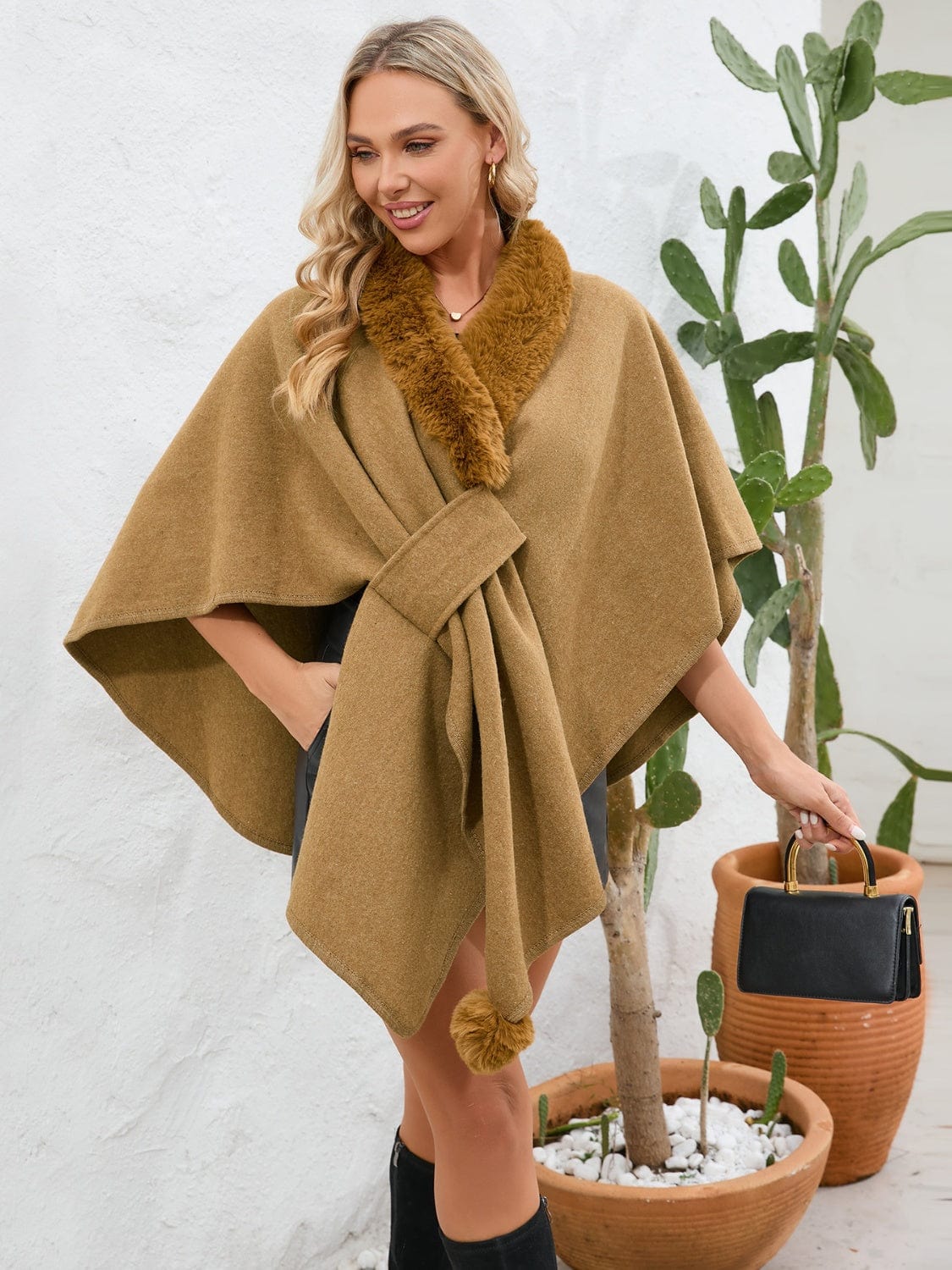 Fuzzy Trim Open Front Poncho - Trendsi