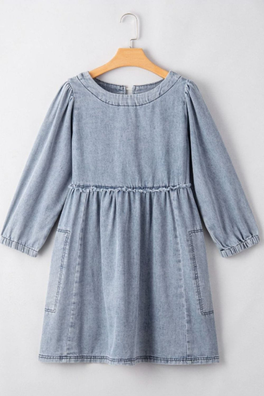 Cutout Round Neck Balloon Sleeve Denim Dress - Trendsi