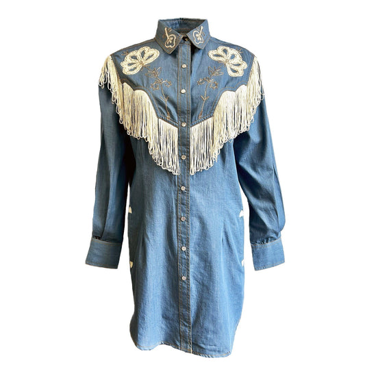 Rockmont Clothing Women's Vintage Fringe Denim Embroidered Western Dress