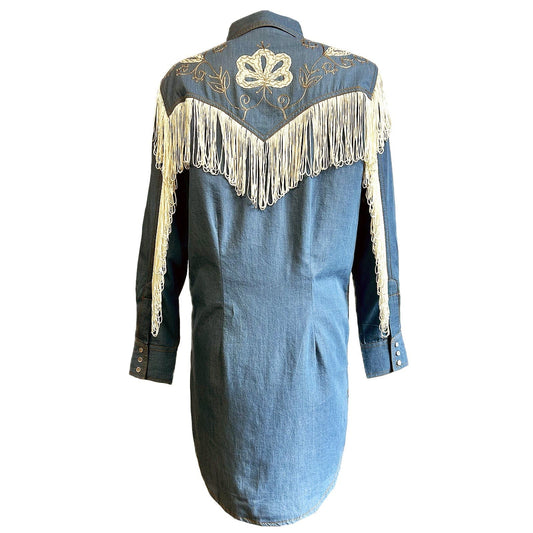 Rockmont Clothing Women's Vintage Fringe Denim Embroidered Western Dress