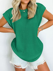 Textured Round Neck Cap Sleeve Blouse - Trendsi