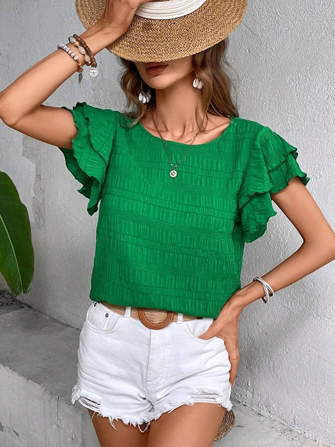 Round Neck Flounce Sleeve Blouse - Flyclothing LLC