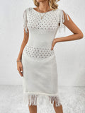 Fringe Openwork Boat Neck Knit Dress - Flyclothing LLC