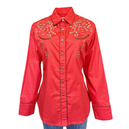 Rockmont Clothing Women’s Rhinestones & Scrolls Embroidery Western Shirt in Red - Rockmount Clothing