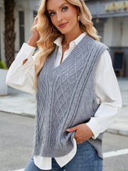 Cable Knit V-Neck Sweater Vest - Trendsi