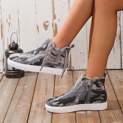 Lace-Up Round Toe Canvas Boots with Side Zip - Trendsi