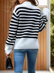 Striped Collared Neck Long Sleeve Sweater