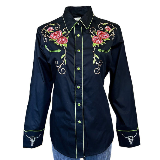 Rockmont Clothing Women's Steer Longhorn & Floral Embroidery Western Shirt in Black - Rockmount Clothing