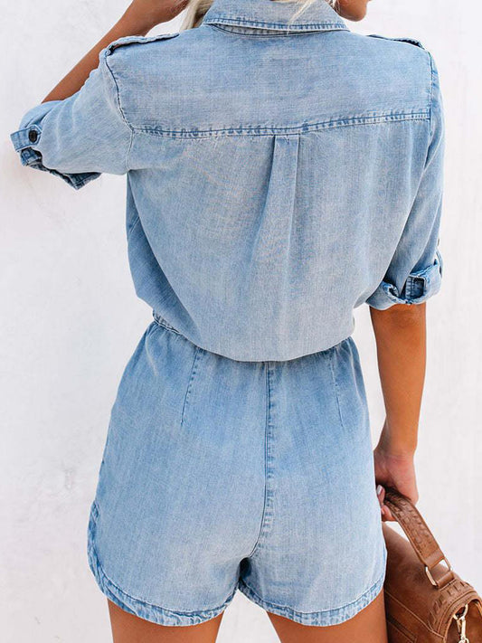 Drawstring Half Button Half Sleeve Denim Romper Trendsi