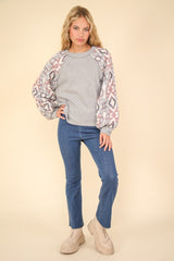 VERY J Printed Long Sleeve Round Neck Knit Top