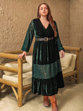 Plus Size Lace Patchwork V-Neck Balloon Sleeve Midi Dress - Trendsi