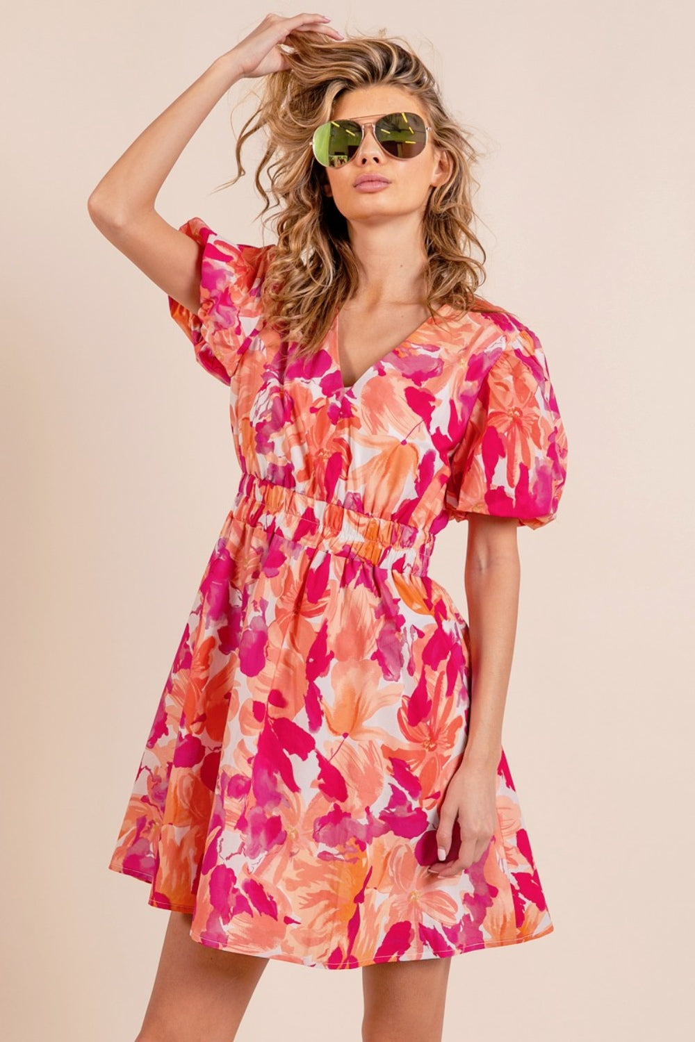 BiBi Floral V-Neck Puff Sleeve Mini Dress - Flyclothing LLC