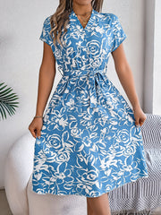 Printed V-Neck Short Sleeve Dress Trendsi