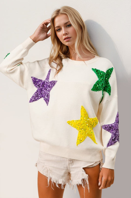 Double Take Sequin Star Round Neck Dropped Shoulder Sweater - Trendsi