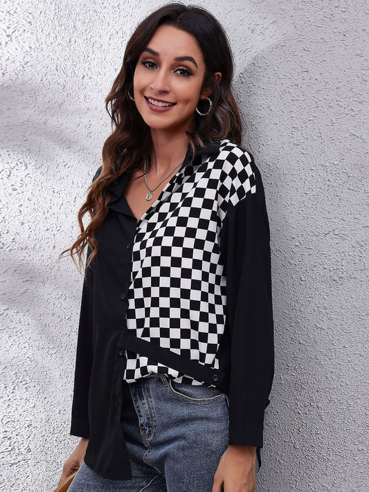 Printed Collared Neck Long Sleeve Shirt Trendsi