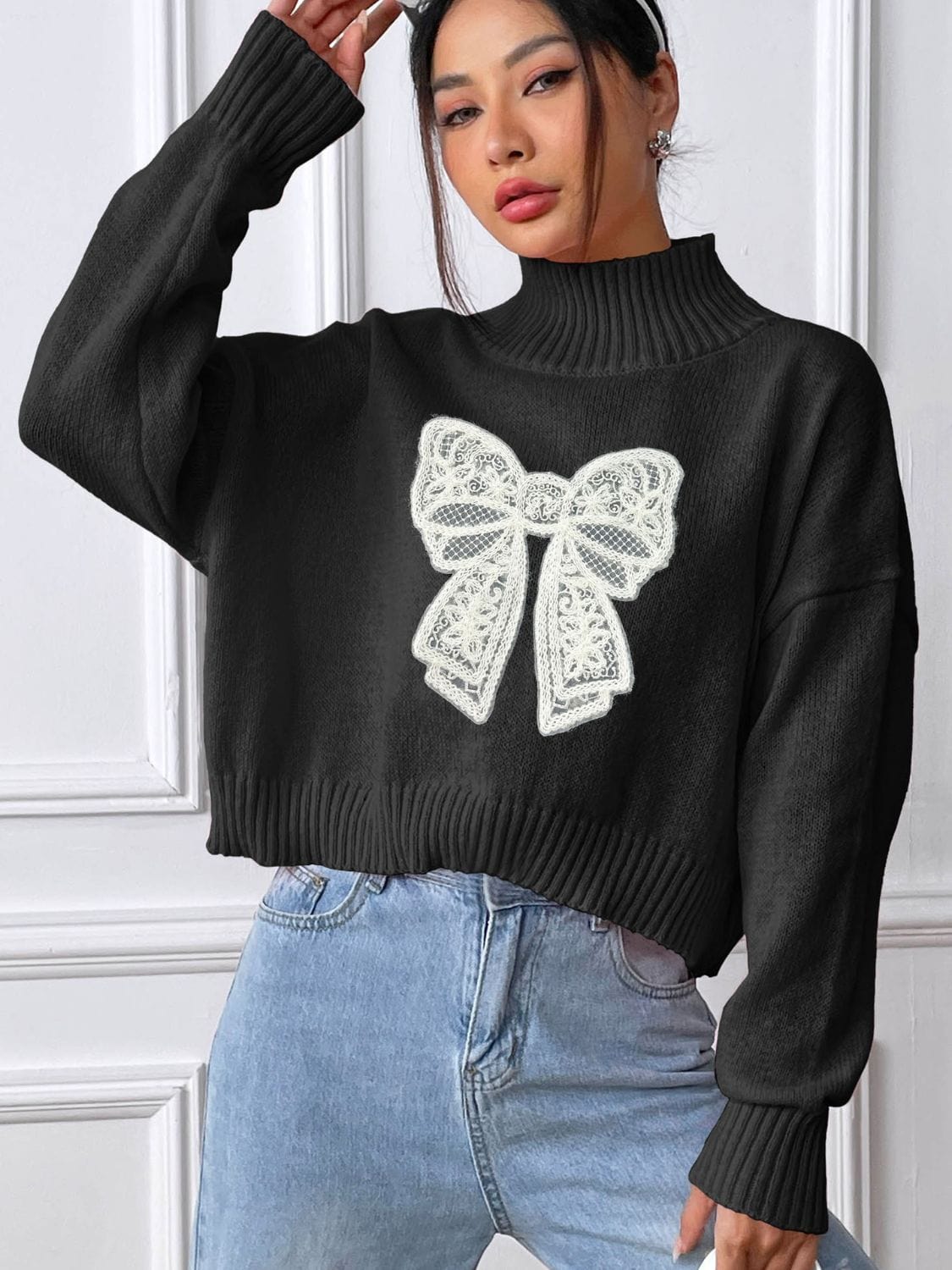 Bow Turtleneck Long Sleeve Sweater - Trendsi