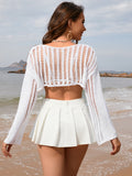 Openwork Boat Neck Long Sleeve Cover-Up - Flyclothing LLC