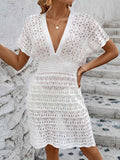 Openwork Plunge Short Sleeve Cover-Up Dress - Flyclothing LLC