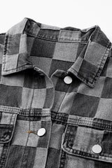 Checkered Button Up Denim Jacket - Trendsi