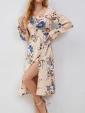 Slit Printed Square Neck Flounce Sleeve Dress - Flyclothing LLC