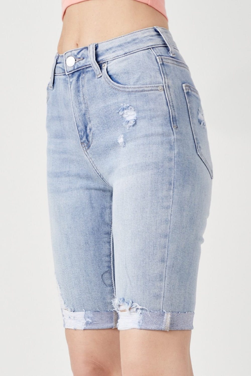 RISEN High Rise Distressed Denim Bermuda Shorts - Trendsi