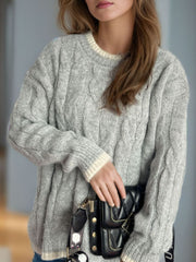 Cable Knit Round Neck Long Sleeve Sweater - Trendsi