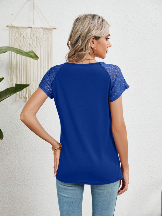 Lace Detail Round Neck Short Sleeve T-Shirt - Flyclothing LLC