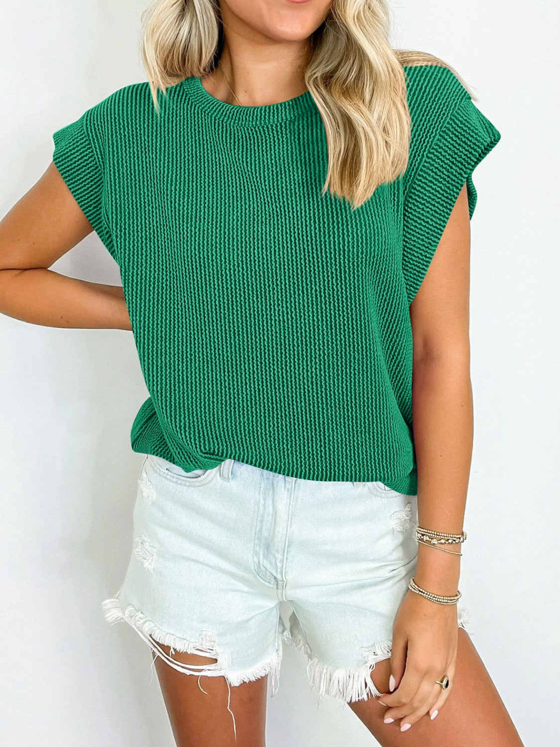 Textured Round Neck Cap Sleeve Blouse Trendsi