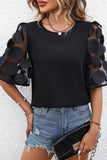 Applique Round Neck Half Sleeve Blouse - Flyclothing LLC