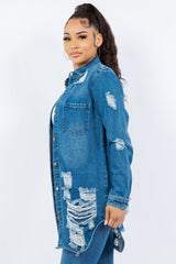 American Bazi Distressed Button Up Long Sleeve Denim Jacket - Trendsi