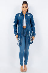 American Bazi Distressed Button Up Long Sleeve Denim Jacket - Trendsi