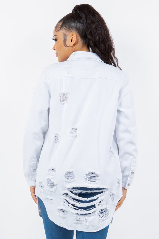 American Bazi Distressed Button Up Long Sleeve Denim Jacket - Trendsi