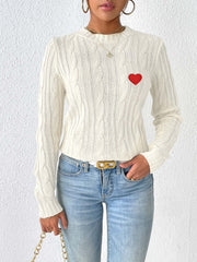 Cable-Knit Heart Round Neck Long Sleeve Sweater - Trendsi