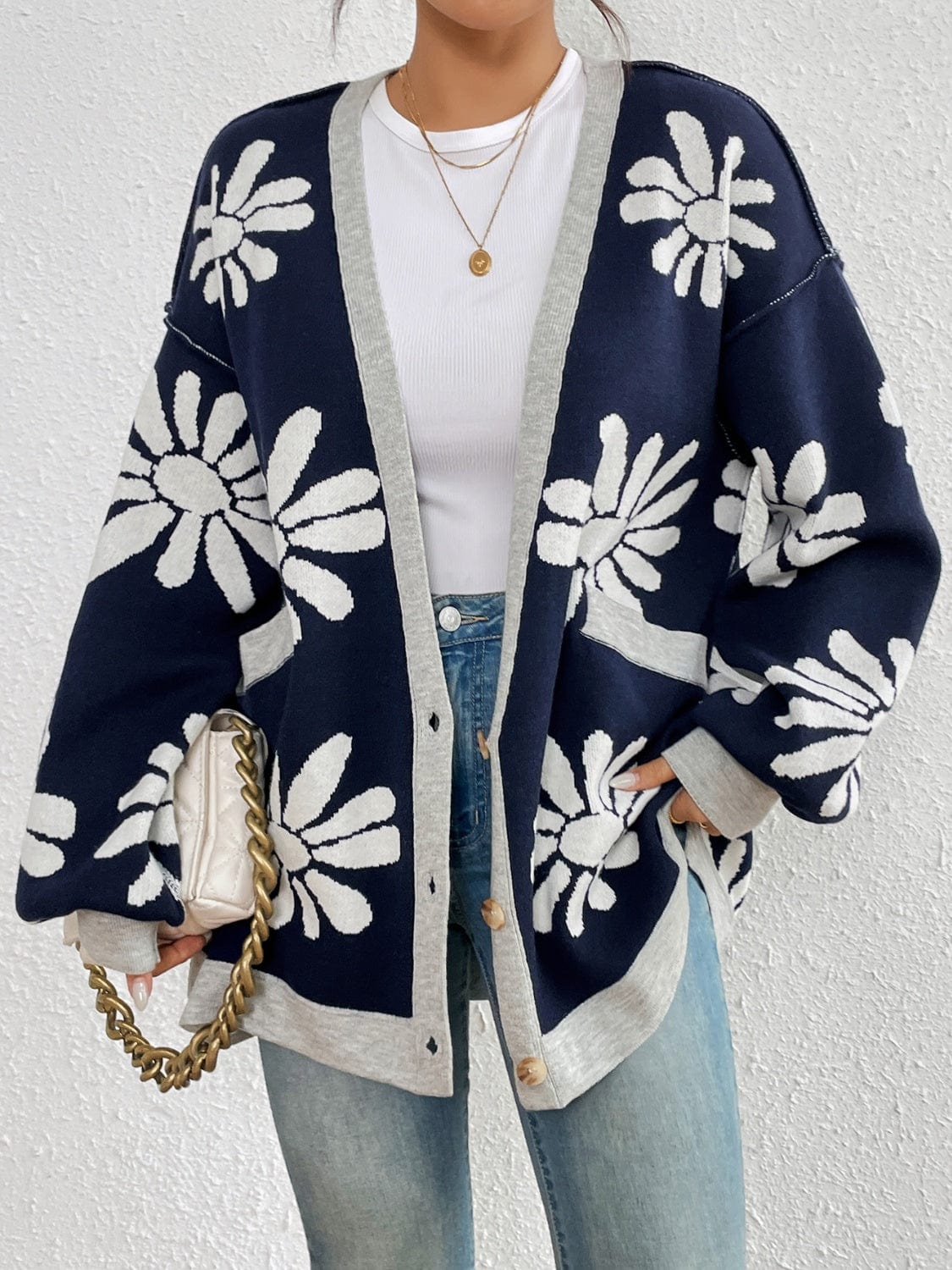 Contrast Dropped Shoulder Long Sleeve Cardigan - Trendsi