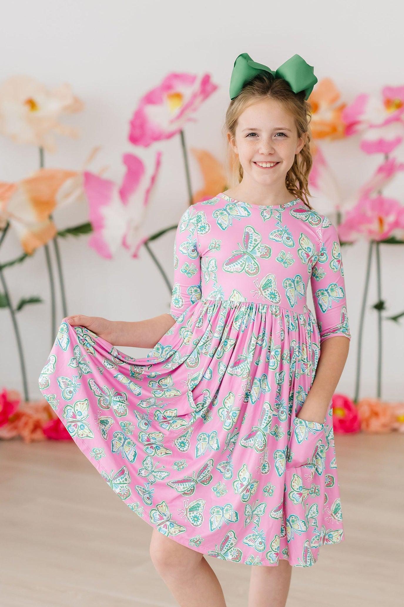 Butterfly Garden 3/4 Sleeve Pocket Twirl Dress - Mila & Rose ®