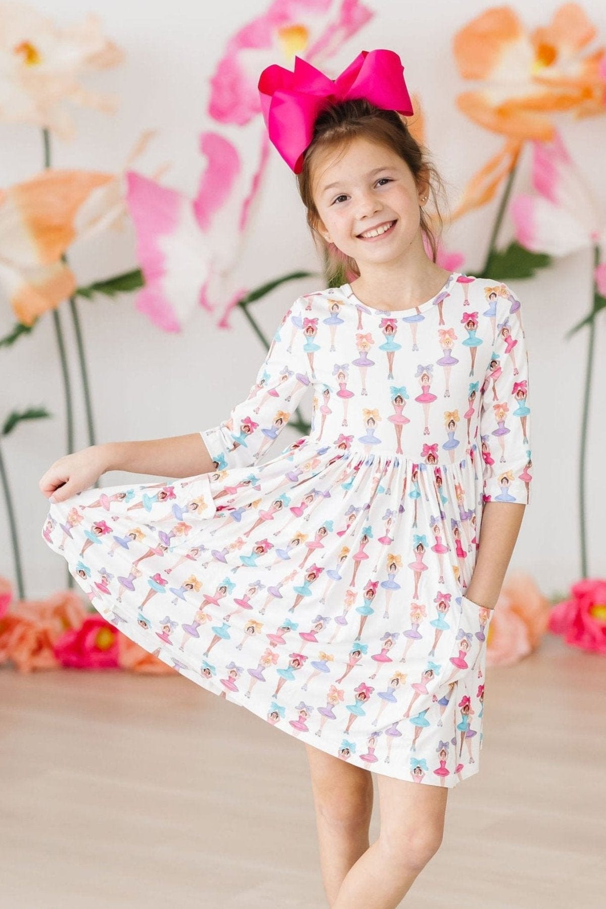 Ballerina Bows 3/4 Sleeve Pocket Twirl Dress - Mila & Rose ®