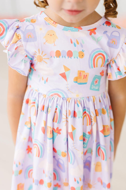 Rainy Day Flutter Sleeve Twirl Dress