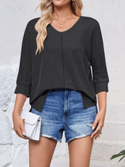 Textured Round Neck Three-Quarter Sleeve Blouse - Trendsi