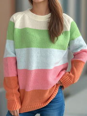 Color Block Round Neck Long Sleeve Sweater - Trendsi