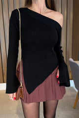 Asymmetric Hem Single Shoulder Sweater - Trendsi