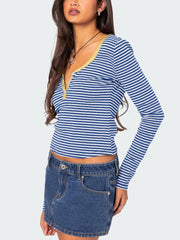 Buttoned Striped Long Sleeve T-Shirt - Trendsi