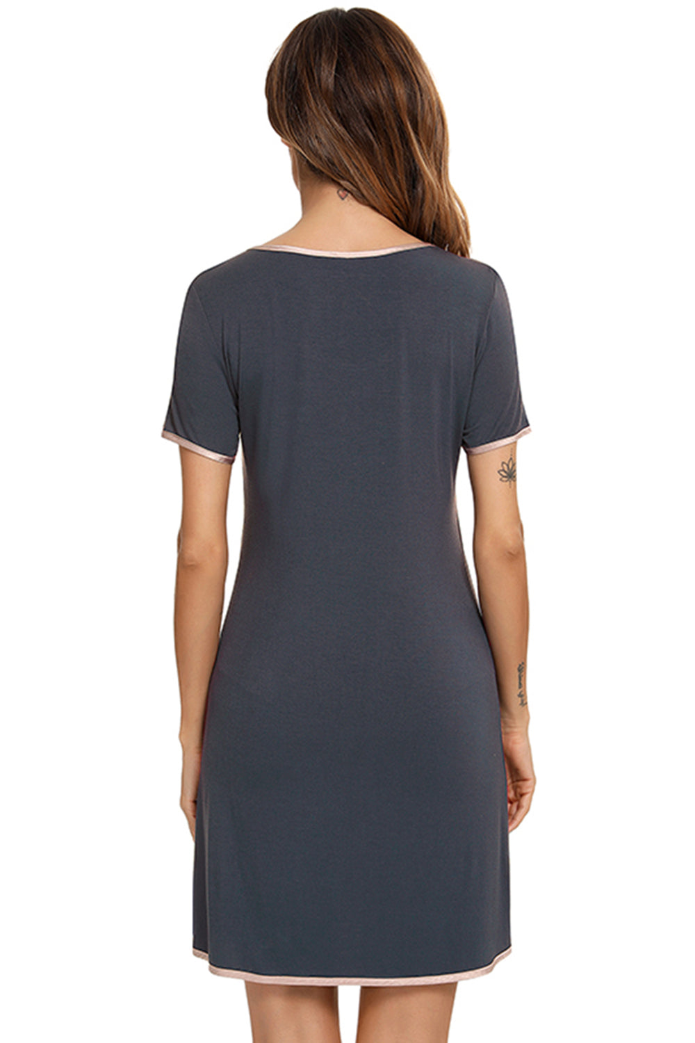 Contrast Trim Pocketed Round Neck Lounge Dress - Flyclothing LLC