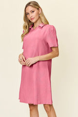 Double Take Full Size Texture Collared Neck Short Sleeve Dress - Trendsi