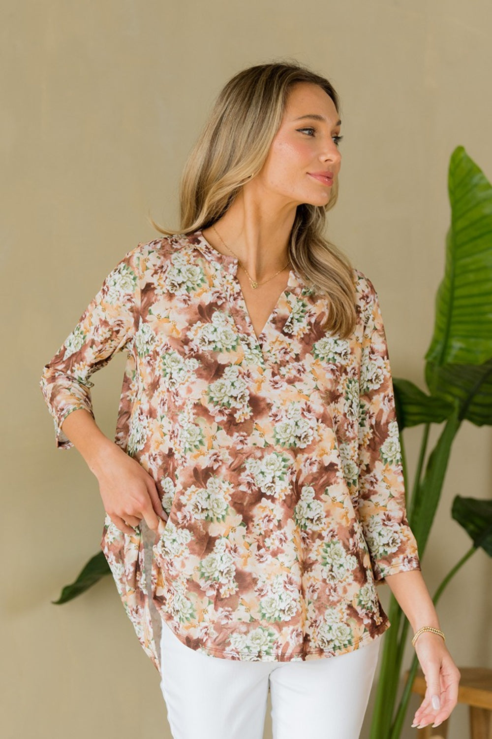 Sew In Love Full Size Wrinkle-Free Floral Notched Top Trendsi