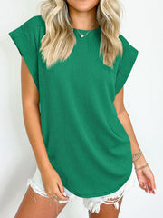 Textured Round Neck Cap Sleeve Blouse Trendsi