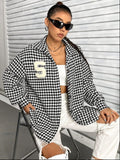 Houndstooth Button Down Long Sleeve Shacket - Trendsi