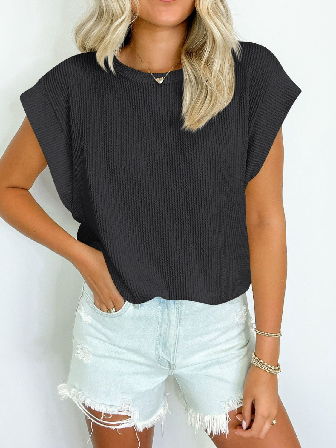 Textured Round Neck Cap Sleeve Blouse Trendsi